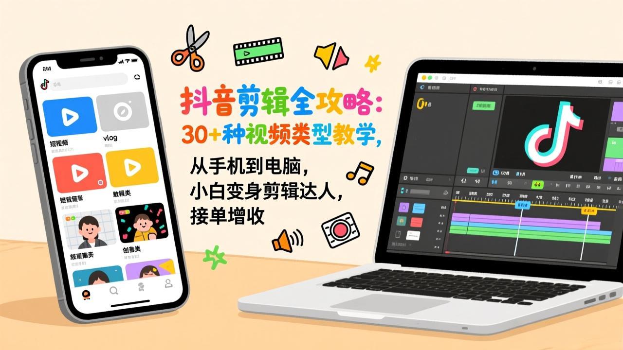 抖音剪辑全攻略:30+种视频类型教学,从手机到电脑,小白变身剪辑达人,接单增收-创客聚集地